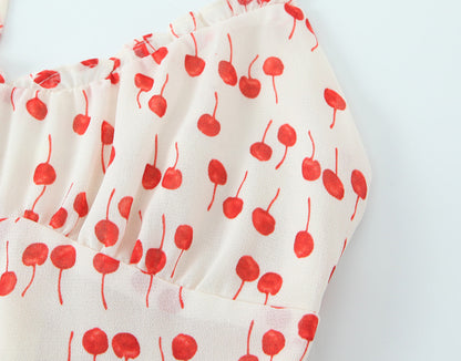 Spring Summer Sweet Printed Chic Wooden Ear Suspender French V neck Slim Short Dress