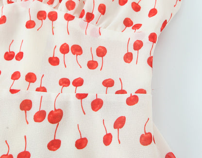 Spring Summer Sweet Printed Chic Wooden Ear Suspender French V neck Slim Short Dress