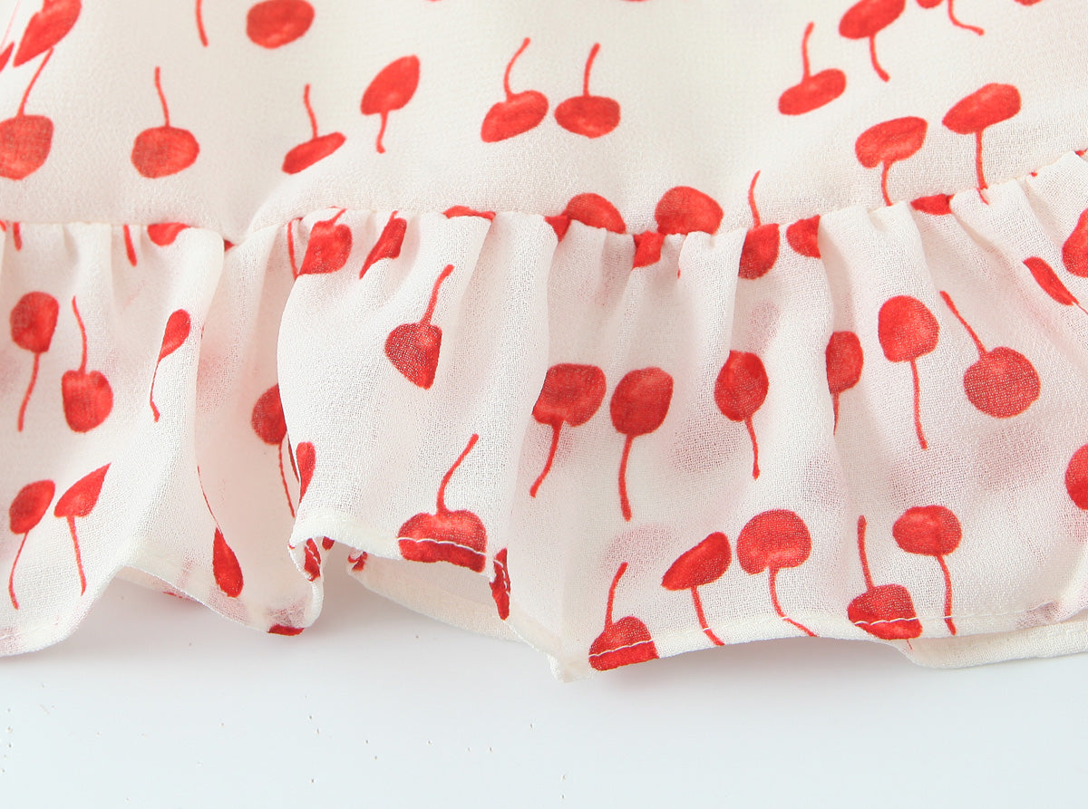Spring Summer Sweet Printed Chic Wooden Ear Suspender French V neck Slim Short Dress
