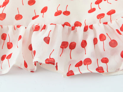 Spring Summer Sweet Printed Chic Wooden Ear Suspender French V neck Slim Short Dress