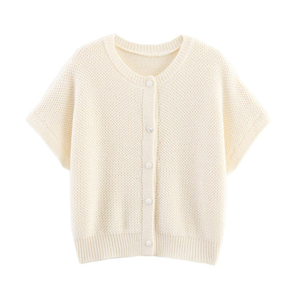 Fall Women Clothing Simple round Neck Fishnet Pin Waistcoat Knitted Vest Cardigan