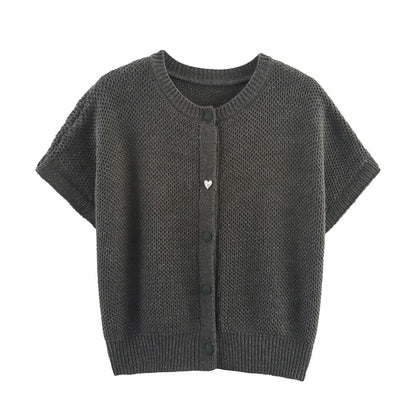 Fall Women Clothing Simple round Neck Fishnet Pin Waistcoat Knitted Vest Cardigan