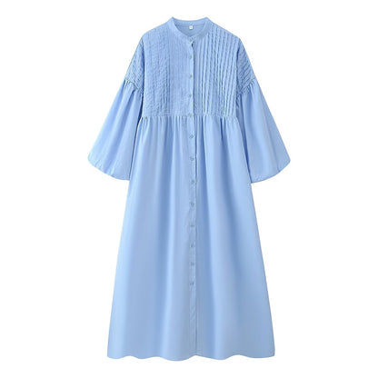 Summer Women Casual Loose round Neck Breasted Puff Sleeve Dress
