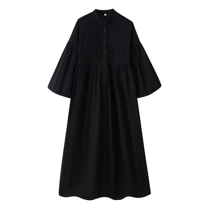 Summer Women Casual Loose round Neck Breasted Puff Sleeve Dress