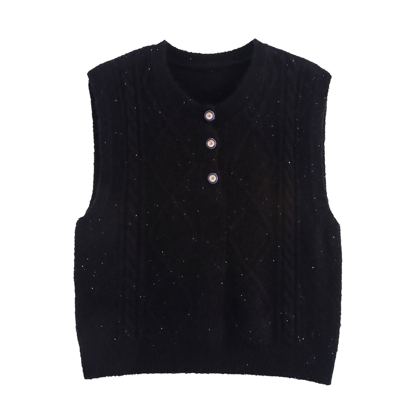 Women Clothing Autumn Sequined Diamond round Neck Half Cardigan Knitted Vest