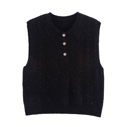 Women Clothing Autumn Sequined Diamond round Neck Half Cardigan Knitted Vest