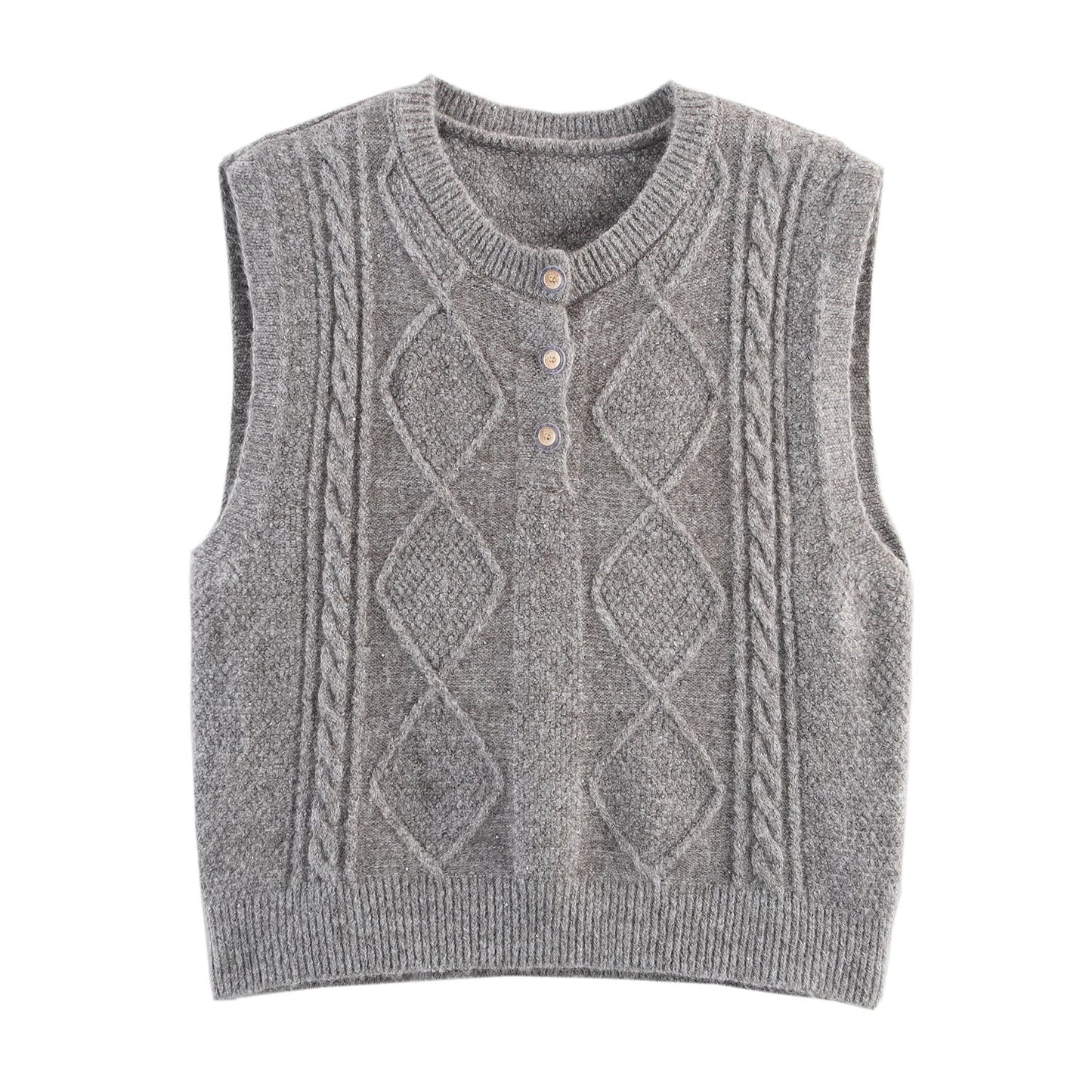 Women Clothing Autumn Sequined Diamond round Neck Half Cardigan Knitted Vest