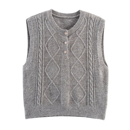 Women Clothing Autumn Sequined Diamond round Neck Half Cardigan Knitted Vest