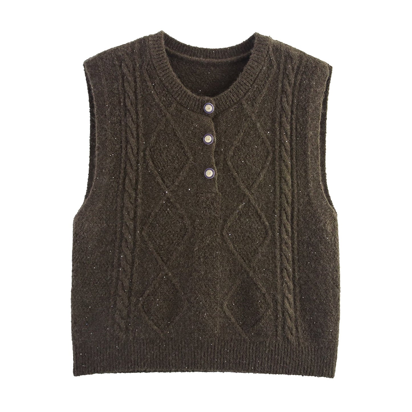 Women Clothing Autumn Sequined Diamond round Neck Half Cardigan Knitted Vest