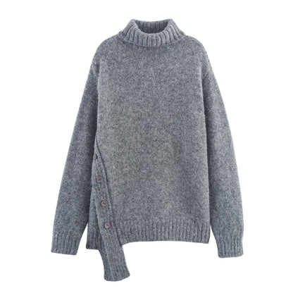 Women Clothing Autumn Irregular Asymmetric Hem Turtleneck Pullover Loose Thick Sweater