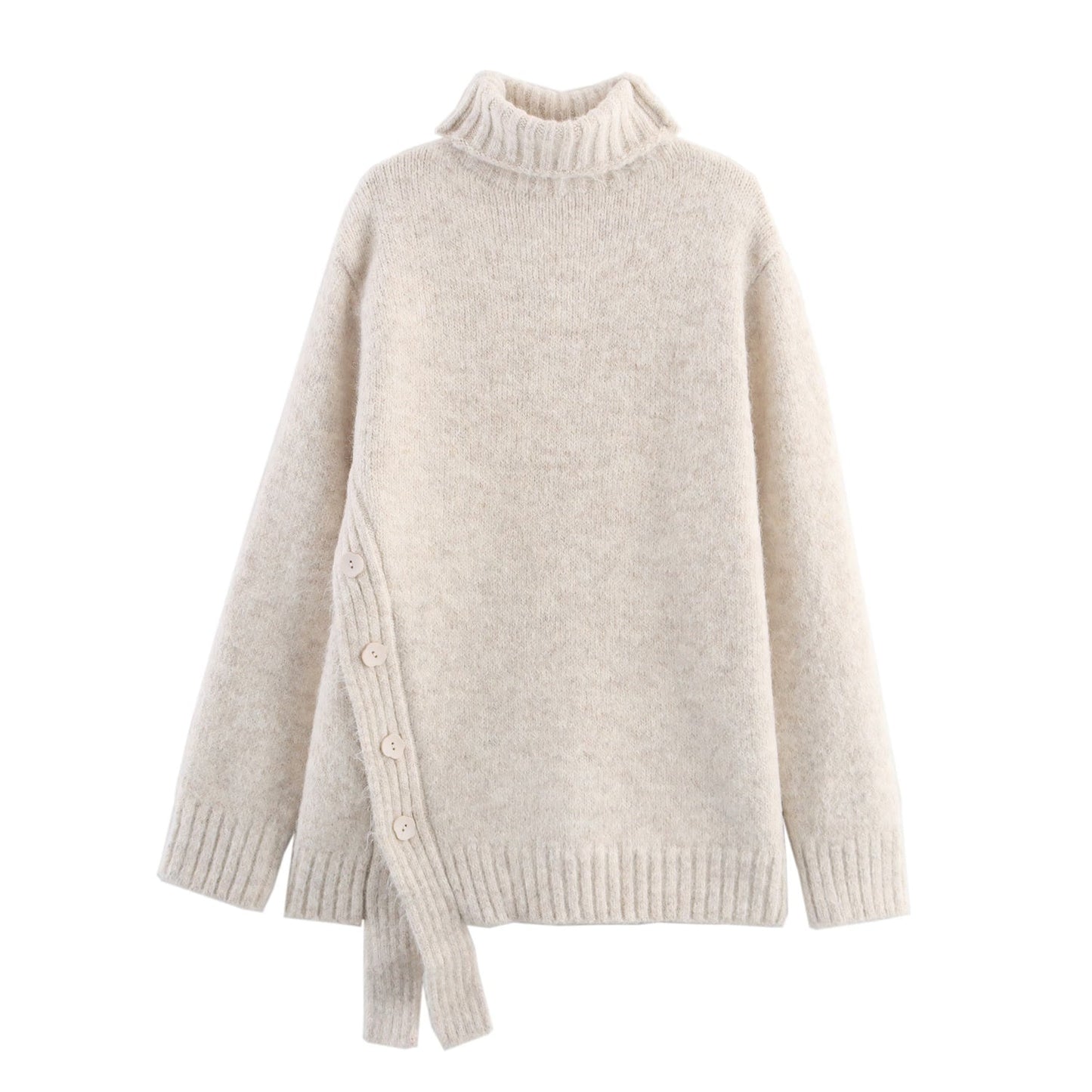 Women Clothing Autumn Irregular Asymmetric Hem Turtleneck Pullover Loose Thick Sweater