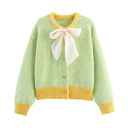 Women Clothing Fall round Neck Long Sleeve Bowknot Decorative Knitwear Coat