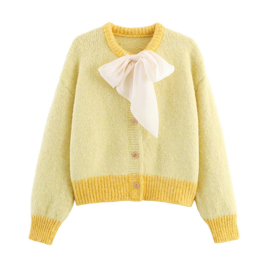 Women Clothing Fall round Neck Long Sleeve Bowknot Decorative Knitwear Coat