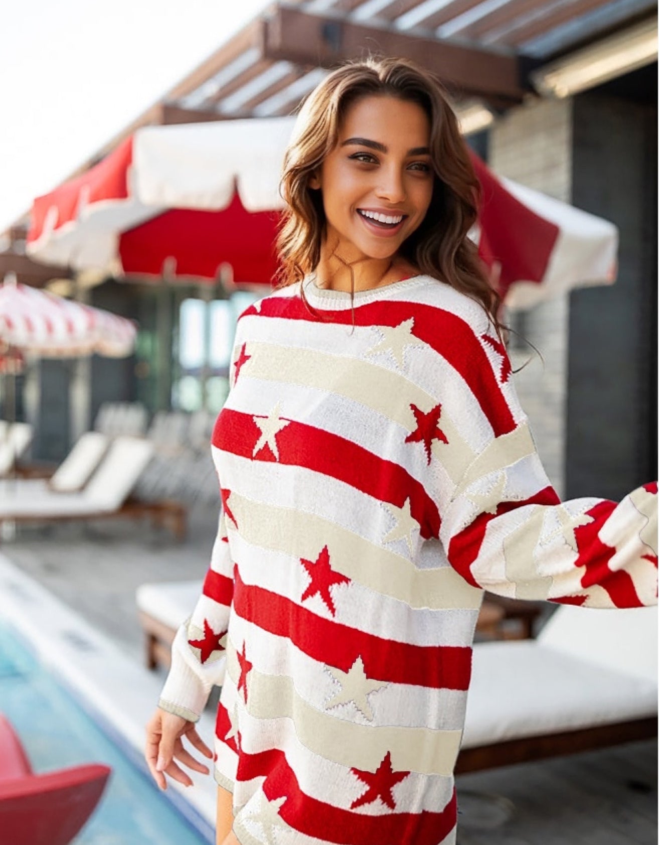Oumeiya Printed Women Flag Loose Long Sleeve Popular Striped Sweater