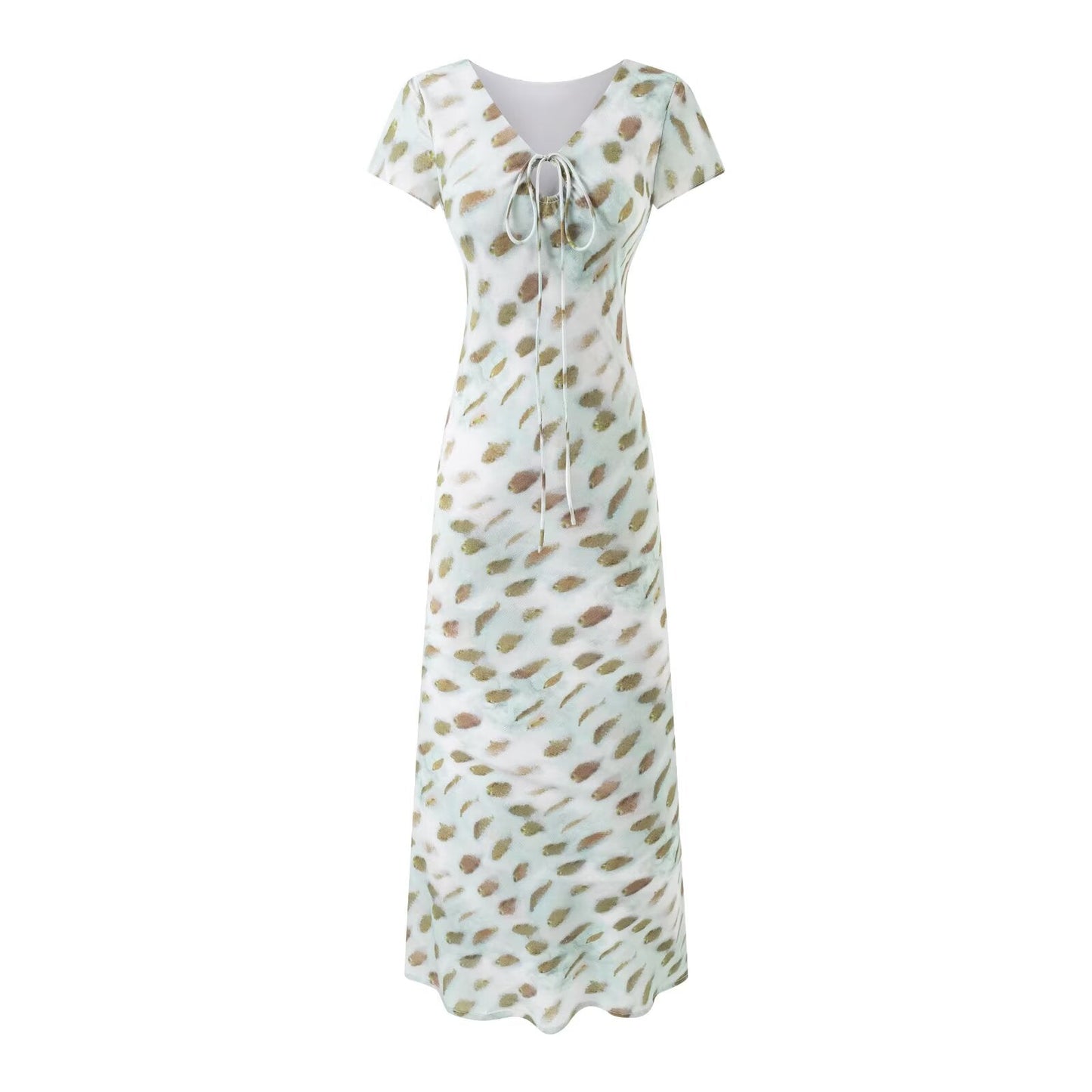 Summer Women Clothing Vacation Elegant V neck Lace up Short Sleeve Printed Dress