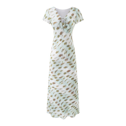 Summer Women Clothing Vacation Elegant V neck Lace up Short Sleeve Printed Dress