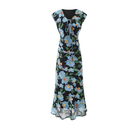 Summer Printed V neck Bow Lace up Slim Fit Mid Length Dress