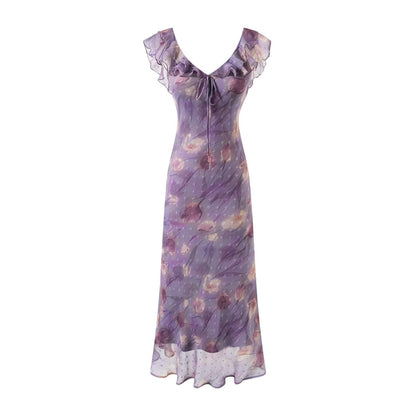 Summer Holiday Casual Summer Purple Printed Ruffled Dress