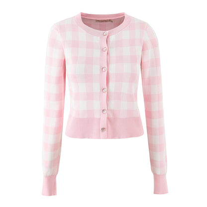 French Girlish Milk Fufu Fresh Plaid Short Knitted Cardigan Sweater Coat