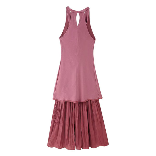 Women Summer Sleeveless Pleated Stitching Midi Dress