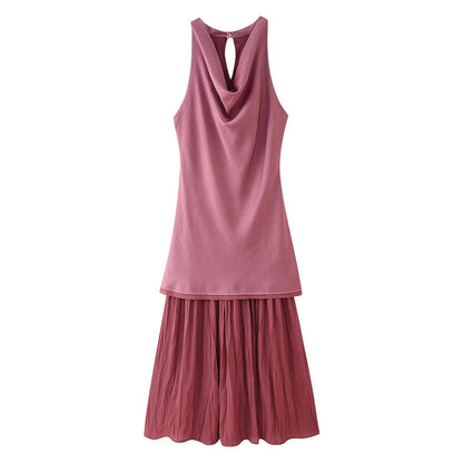 Women Summer Sleeveless Pleated Stitching Midi Dress