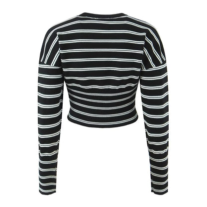 Fall Striped Sweater Top Sexy Slim Slimming Single Breasted Cardigan Coat for Women