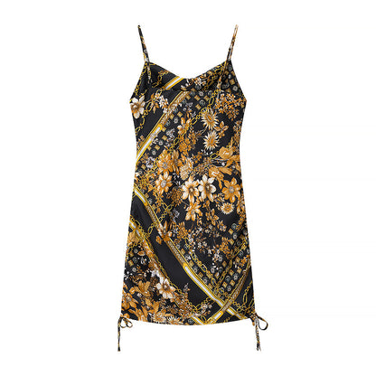 Women Side Drawstring Printing Slip Dress