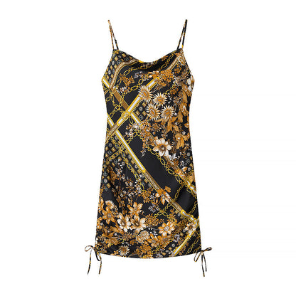 Women Side Drawstring Printing Slip Dress