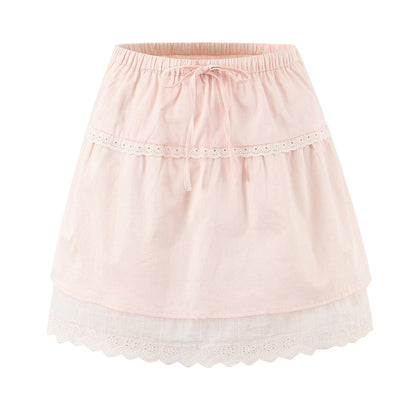 Women Lace Flying Sleeve Top Stitching High Waist Elastic Waist Skirt Sets