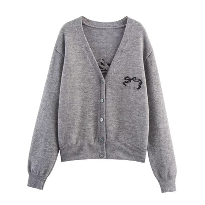 Autumn Women Casual All Match Loose Bow Ribbon Jacquard Sweater