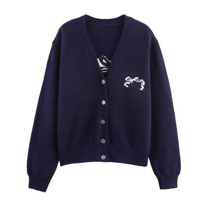 Autumn Women Casual All Match Loose Bow Ribbon Jacquard Sweater