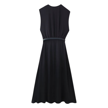 Summer Women Casual Slimming Solid Color V neck with Belt Stitching Midi Dress