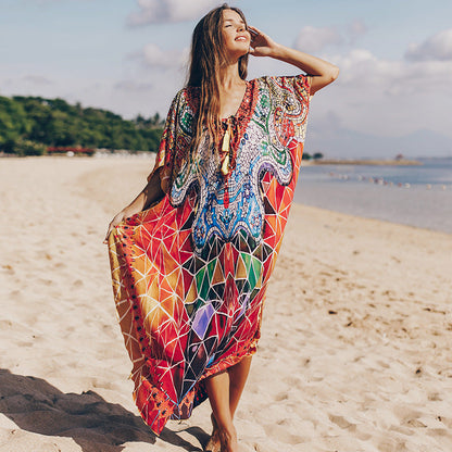 Quick Drying Silky Marbling Robe Vacation Loose Beach Maxi Dress Bikini Swimsuit Blouse