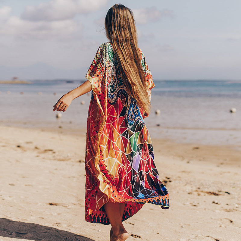 Quick Drying Silky Marbling Robe Vacation Loose Beach Maxi Dress Bikini Swimsuit Blouse