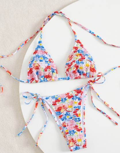 Bikini Sexy Swimsuit Printed Smocking Halter Lace up Bikini Swimsuit
