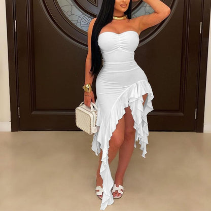 Tube Top Irregular Asymmetric Dress Solid Color Ruffles Dress Women Sheath