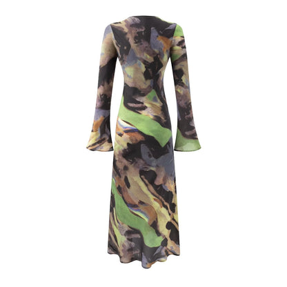 Vacation Casual round Neck Flared Sleeves Printed Dress Women