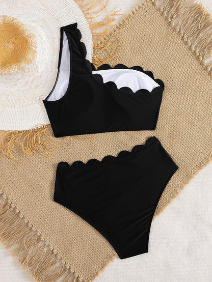 Split Swimsuit Sexy Bikini Black White Contrast Color Ruffled High Waist Swimsuit