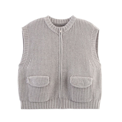 Fall Women Clothing Thick Needle round Neck Pocket Knitted Sweater Zipper Cardigan Vest