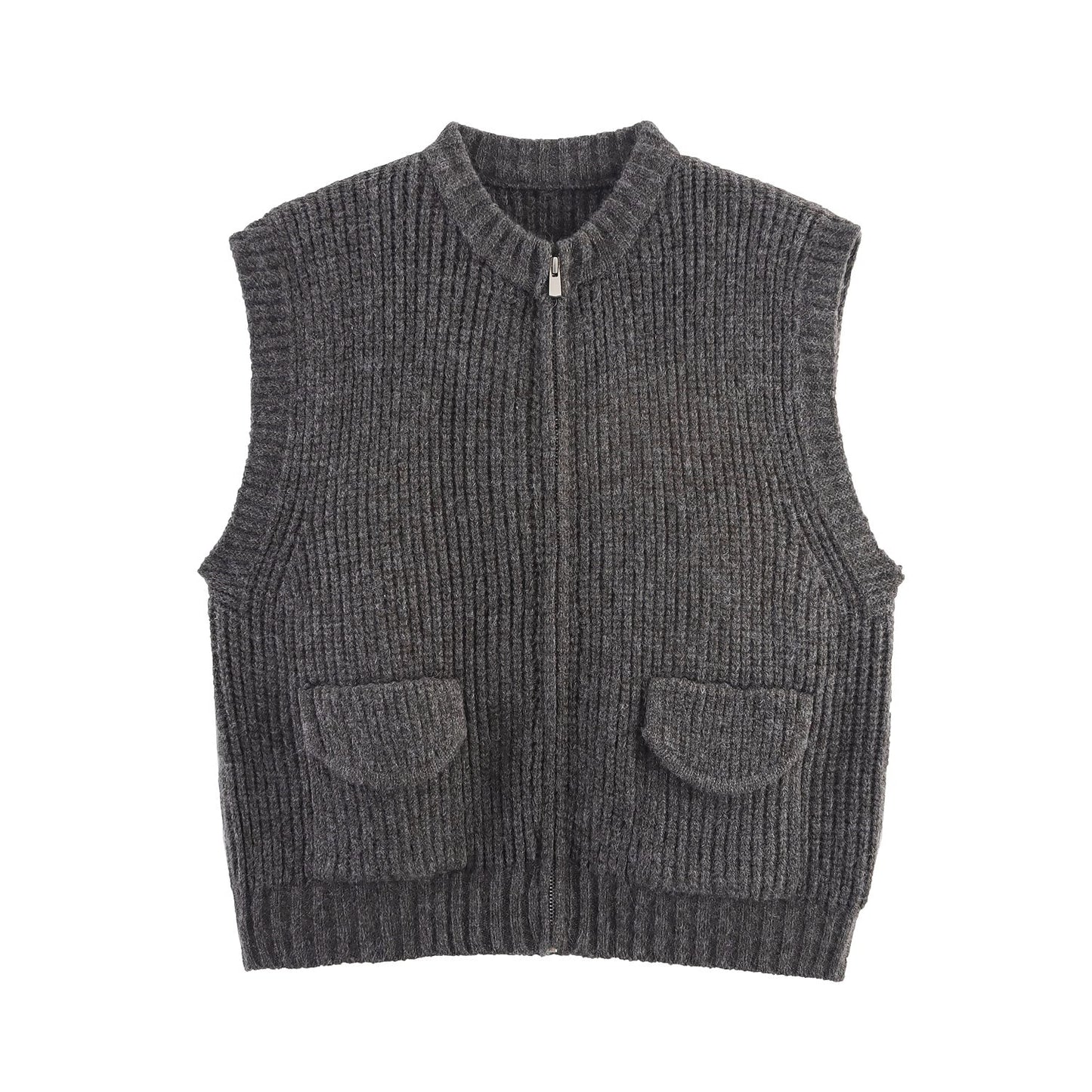 Fall Women Clothing Thick Needle round Neck Pocket Knitted Sweater Zipper Cardigan Vest