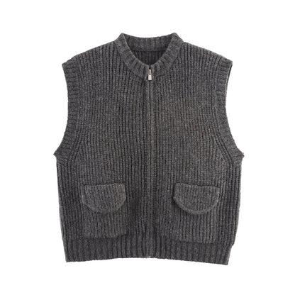 Fall Women Clothing Thick Needle round Neck Pocket Knitted Sweater Zipper Cardigan Vest