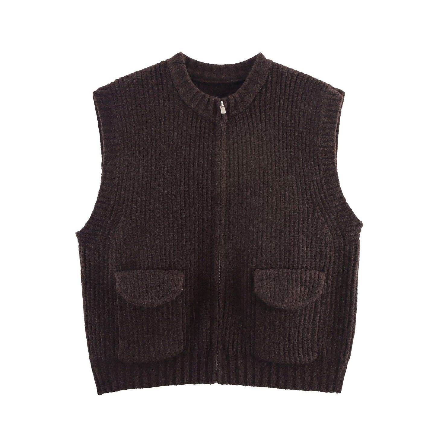 Fall Women Clothing Thick Needle round Neck Pocket Knitted Sweater Zipper Cardigan Vest