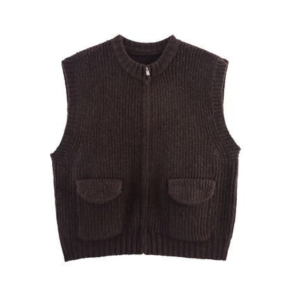 Fall Women Clothing Thick Needle round Neck Pocket Knitted Sweater Zipper Cardigan Vest