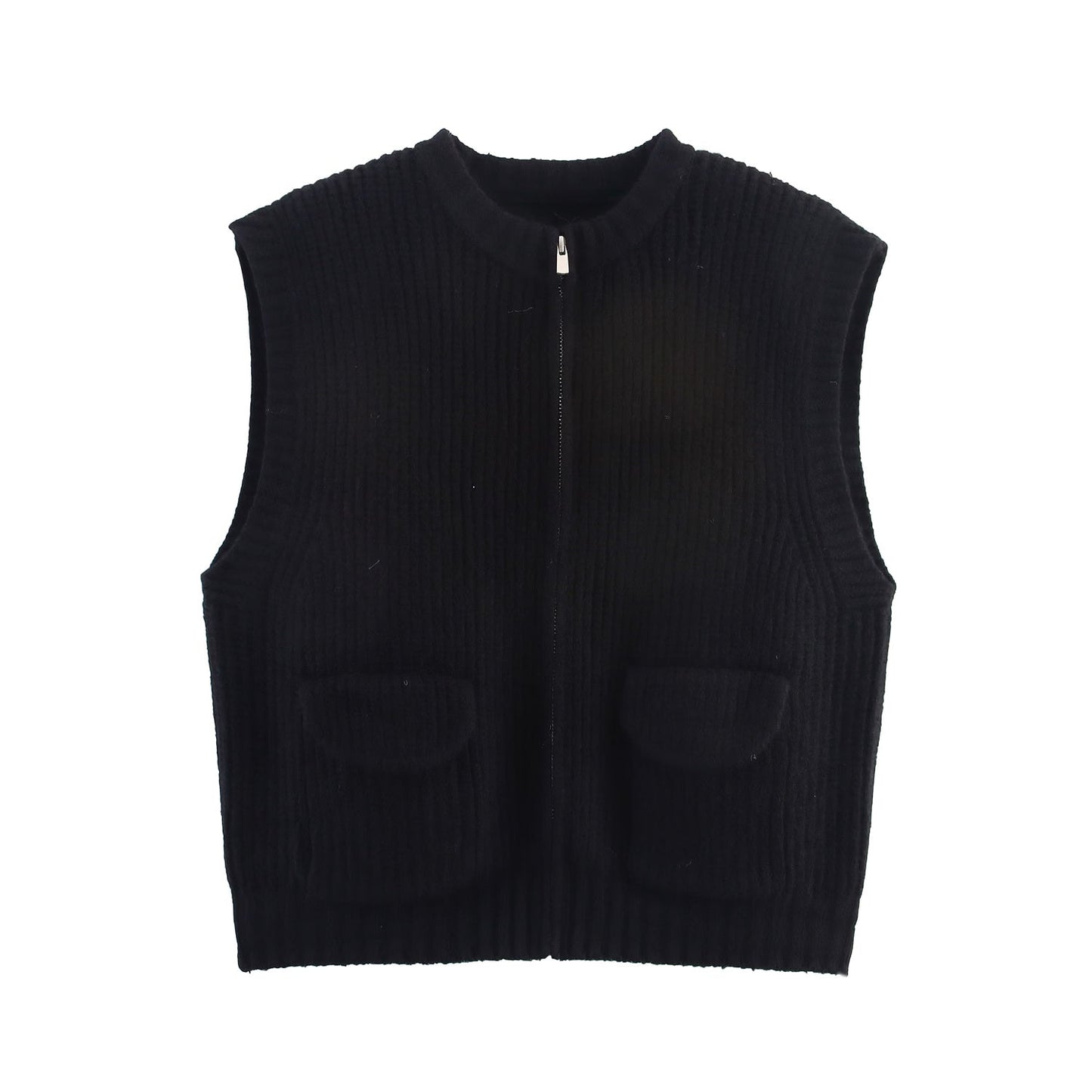 Fall Women Clothing Thick Needle round Neck Pocket Knitted Sweater Zipper Cardigan Vest