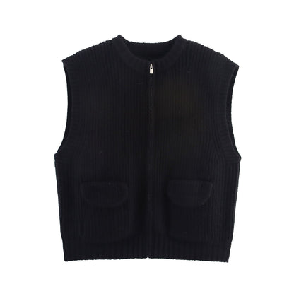 Fall Women Clothing Thick Needle round Neck Pocket Knitted Sweater Zipper Cardigan Vest