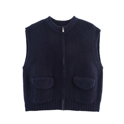 Fall Women Clothing Thick Needle round Neck Pocket Knitted Sweater Zipper Cardigan Vest