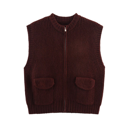 Fall Women Clothing Thick Needle round Neck Pocket Knitted Sweater Zipper Cardigan Vest