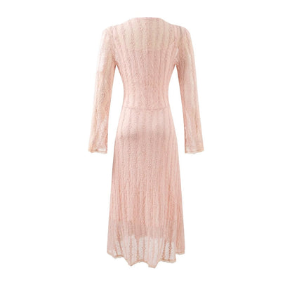 Sweet Jacquard Grid Chic Long Sleeve Dress Autumn Elegant Slim Midi Dress