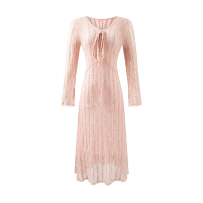 Sweet Jacquard Grid Chic Long Sleeve Dress Autumn Elegant Slim Midi Dress