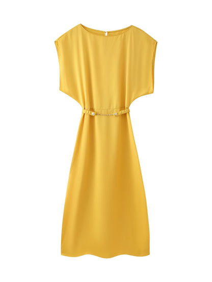 Autumn Women Clothing with Belt Silk Satin Texture Midi Dress for Women